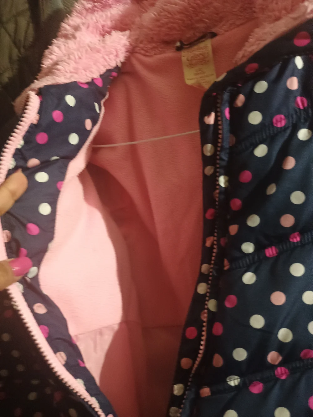 Faded Glory Navy Polka Dot Puffer Jacket with Pink Lining